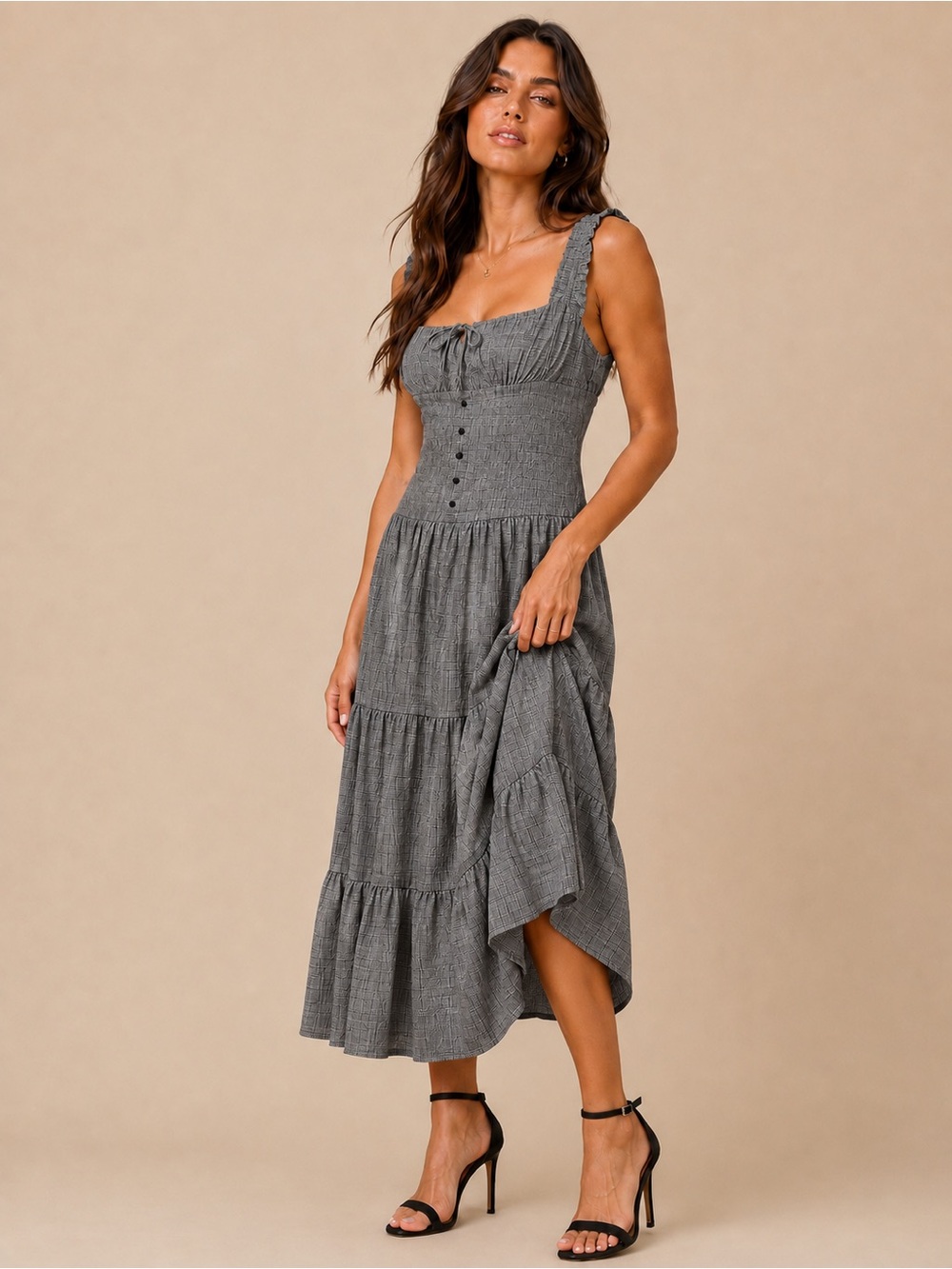 LIONESS Onyx Gingham Check Square Corset Neck Tiered Ballerina Corset Maxi Dress - Picture 3 of 8